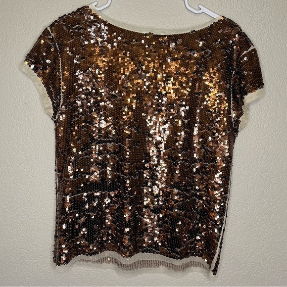 Ann Taylor LOFT Bronze and Cream Sequin Mesh Cap Sleeve Top Size Medium - Picture 8 of 13